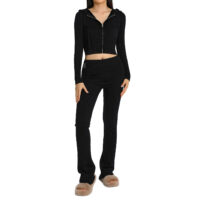 New knitted hooded suit for women, fashionable high waisted long sleeves and trousers two-piece set